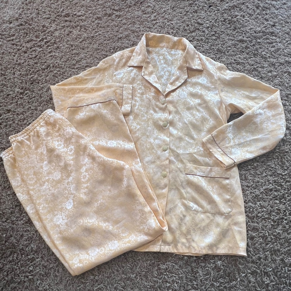 Vintage Floral Jacquard Satin Pajama Set Champagne Gold Button Down Sleepwear
